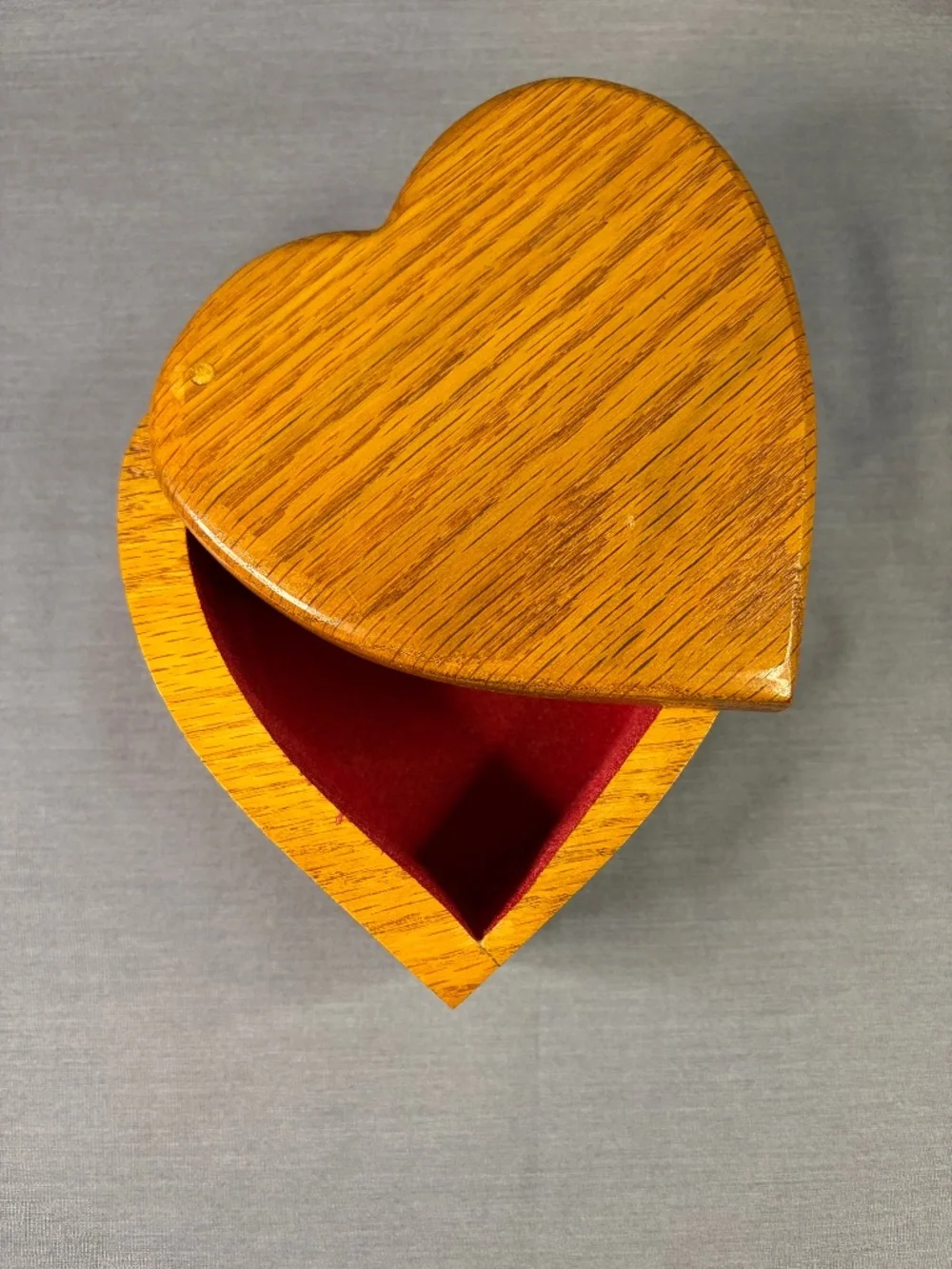Vintage Oak Trinket Jewelry Box Velvet Lined Swivel Lid Handmade Wooden Heart